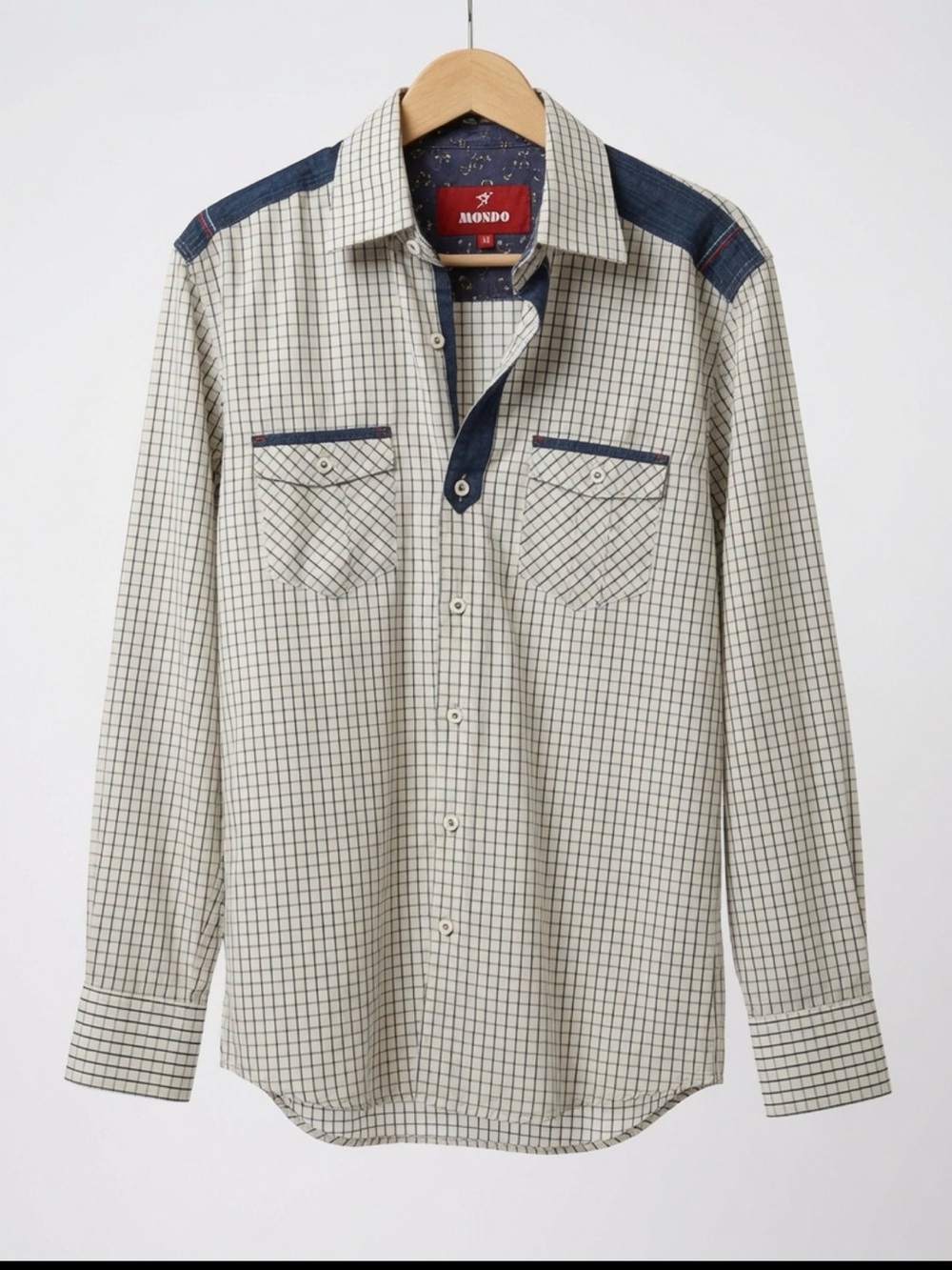 Mondo Men's Cream Check Button-Down Shirt with Navy Accents-size M